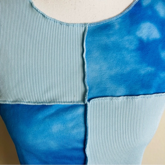 Blue Tie Dye Ribbed Patch Work Lettuce Trim Short Sleeve Crop Top & Shorts Set - Picture 4 of 5